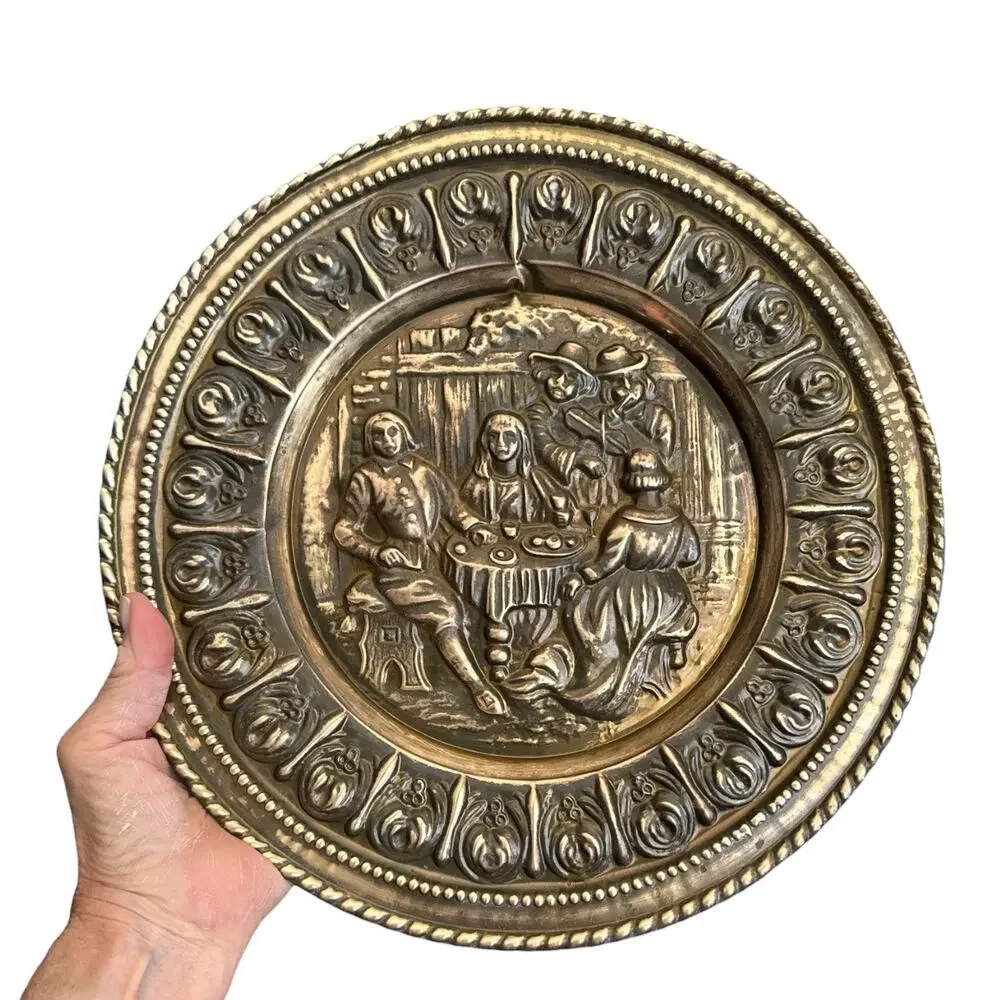 Mid Century Peerage English Brass Hammered Art Plate Pub Scene